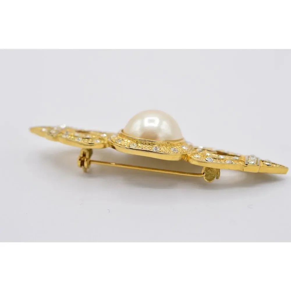 Vintage Statement Pin Brooch Shiny Gold Rhinestone Pearl Bar Chunky 1980s 9B